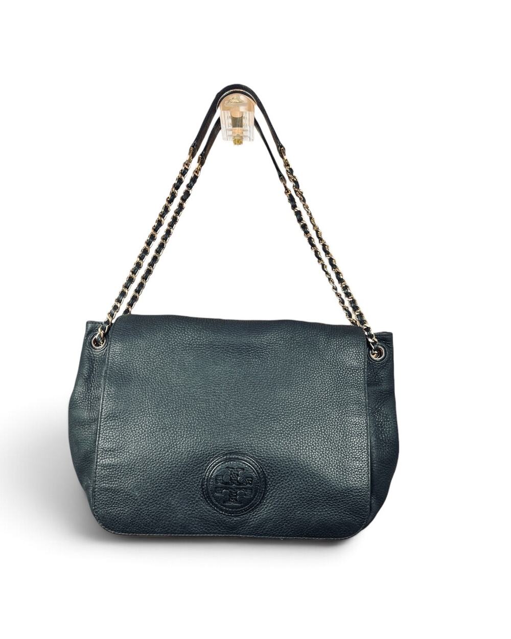 Tory Burch Marion Black Pebbled Leather Gold Chain Flap Shoulder Bag Large